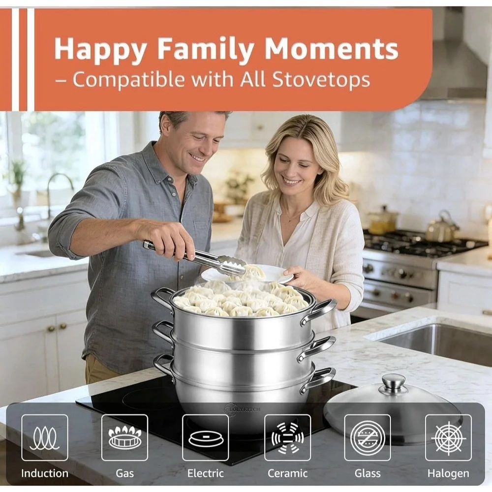 LOLYKITCH 3-Tier Stainless Steel Stockpot Steamer w/Lid, Tri-Ply Bottom